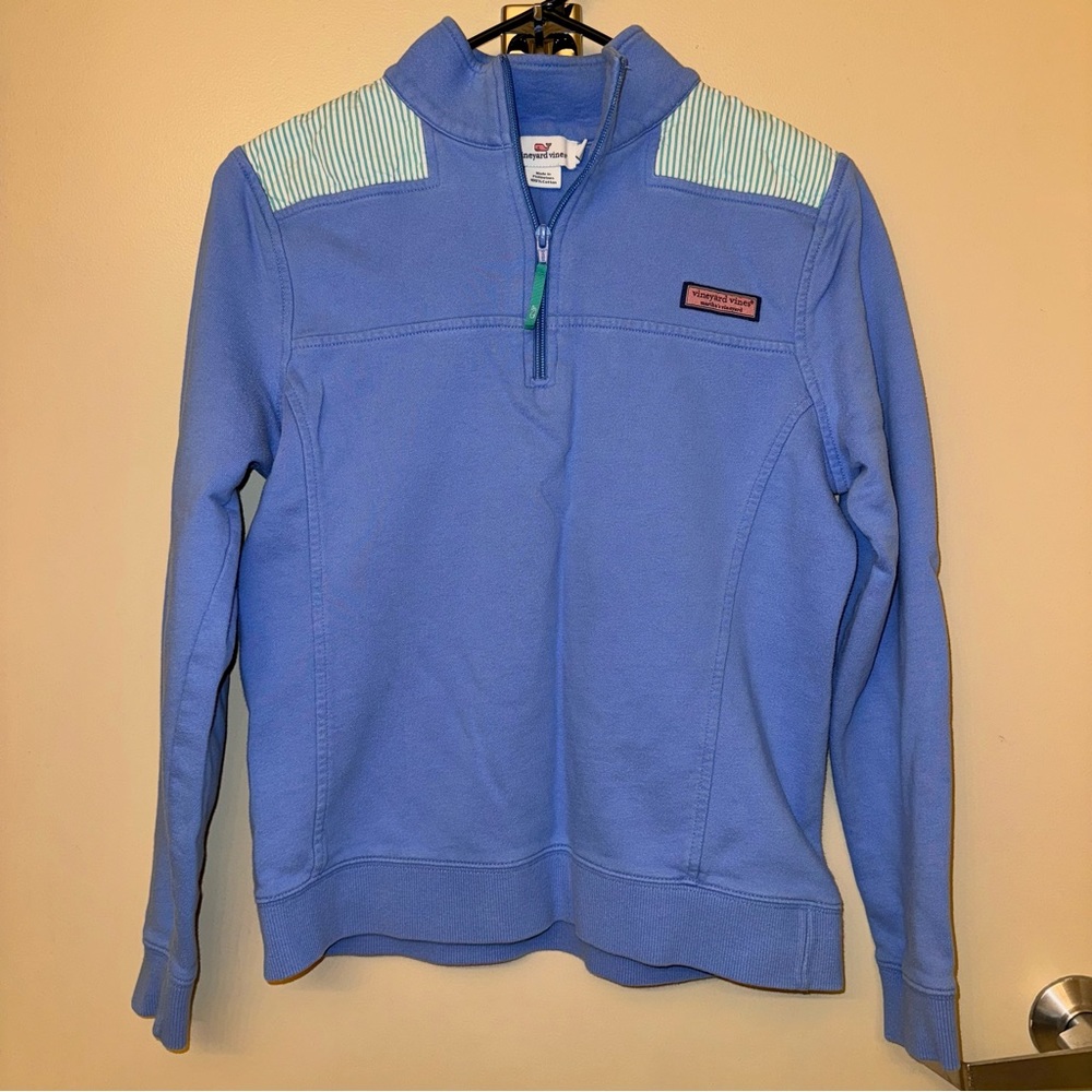 Vineyard Vines Blue Green Seersucker Striped Quarter Zip Shep Shirt